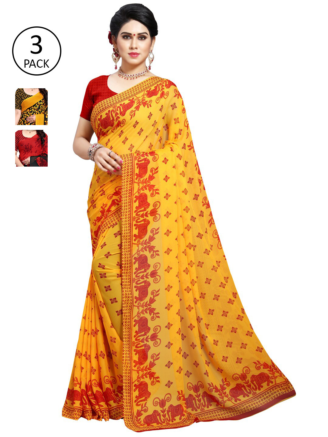 

KALINI Yellow Red & Black Ethnic Motif & Floral Print Saree With Blouse Piece Set Of 3