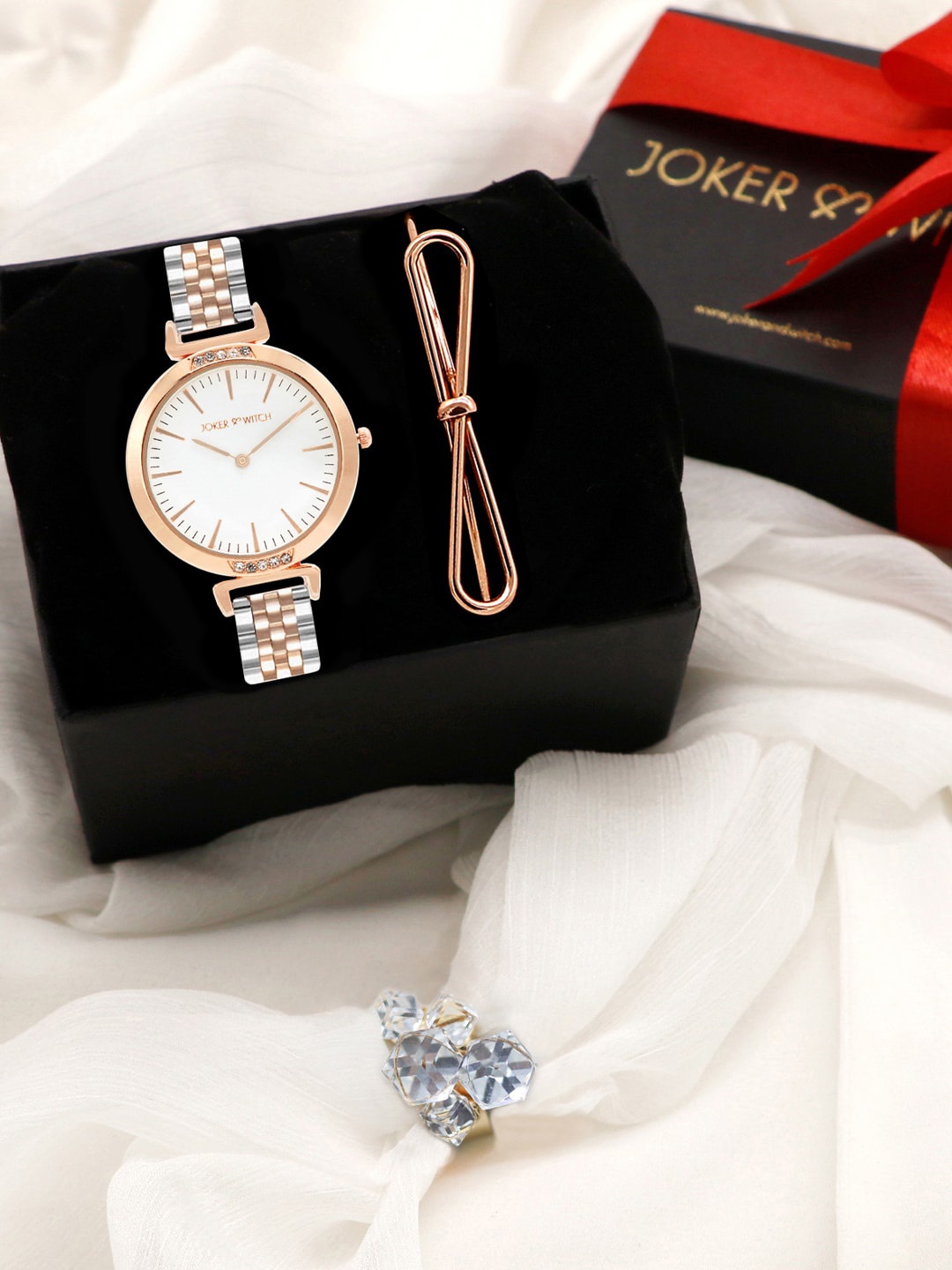 

JOKER & WITCH Women Rosegold-Toned & Silver-Toned Love Stack Watch Gift Set JWLT58, White