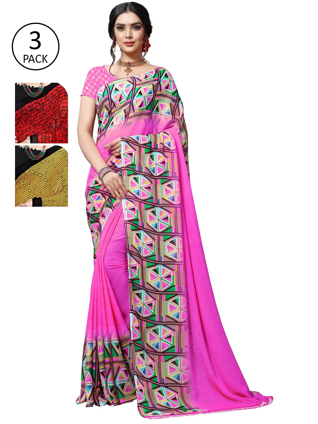 

KALINI Pack Of 3 Yellow & Red Saree