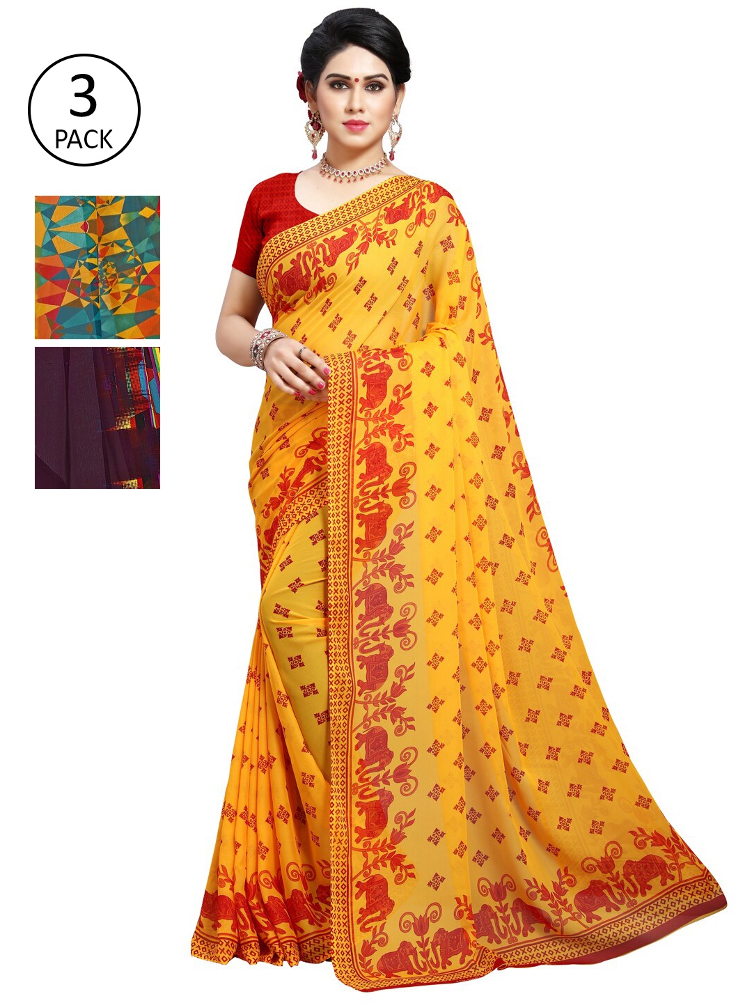 

KALINI Pack Of 3 Ethnic Motifs Sarees, Yellow