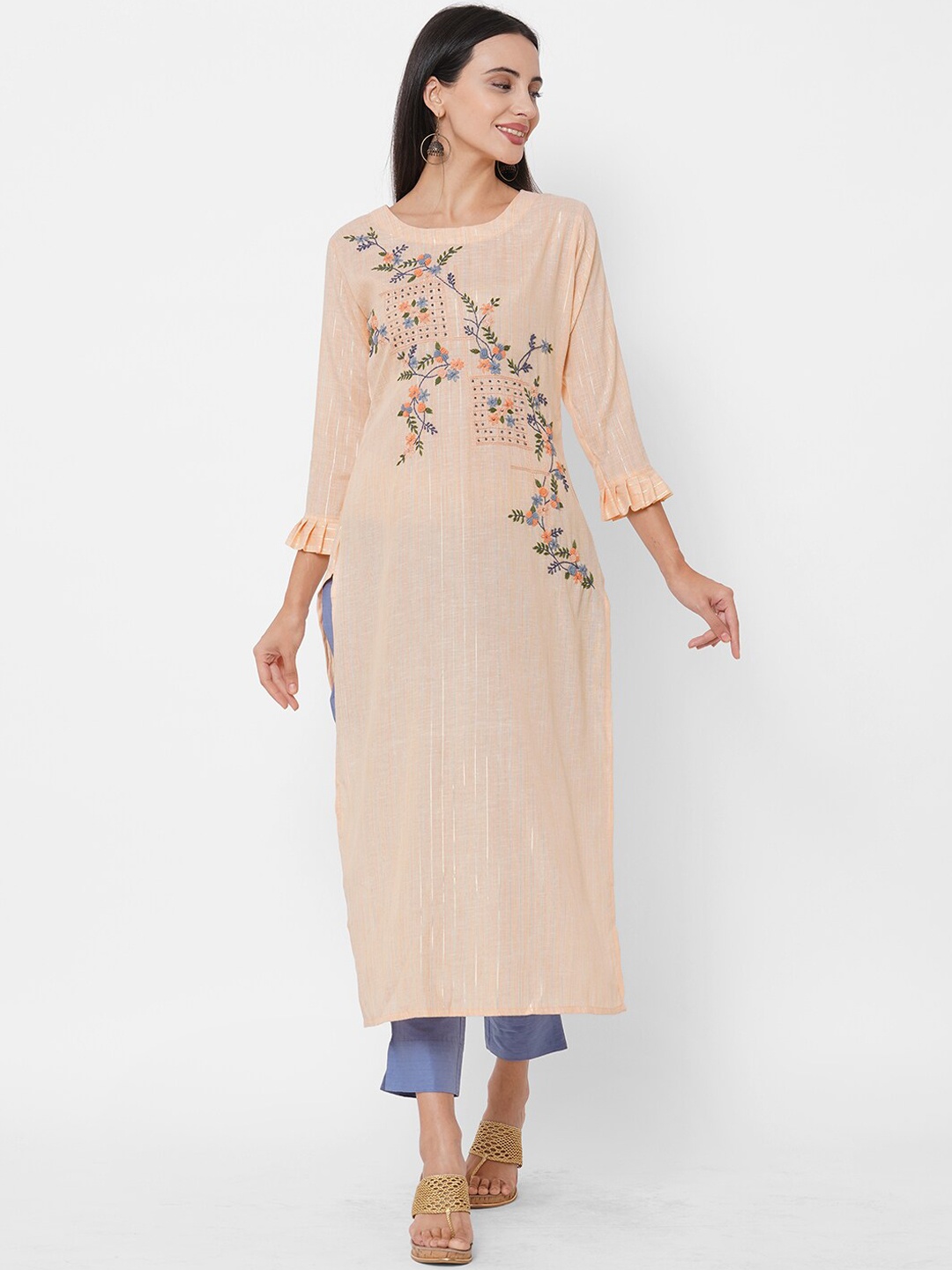 

FASHOR Women Peach Embroidered Kurta