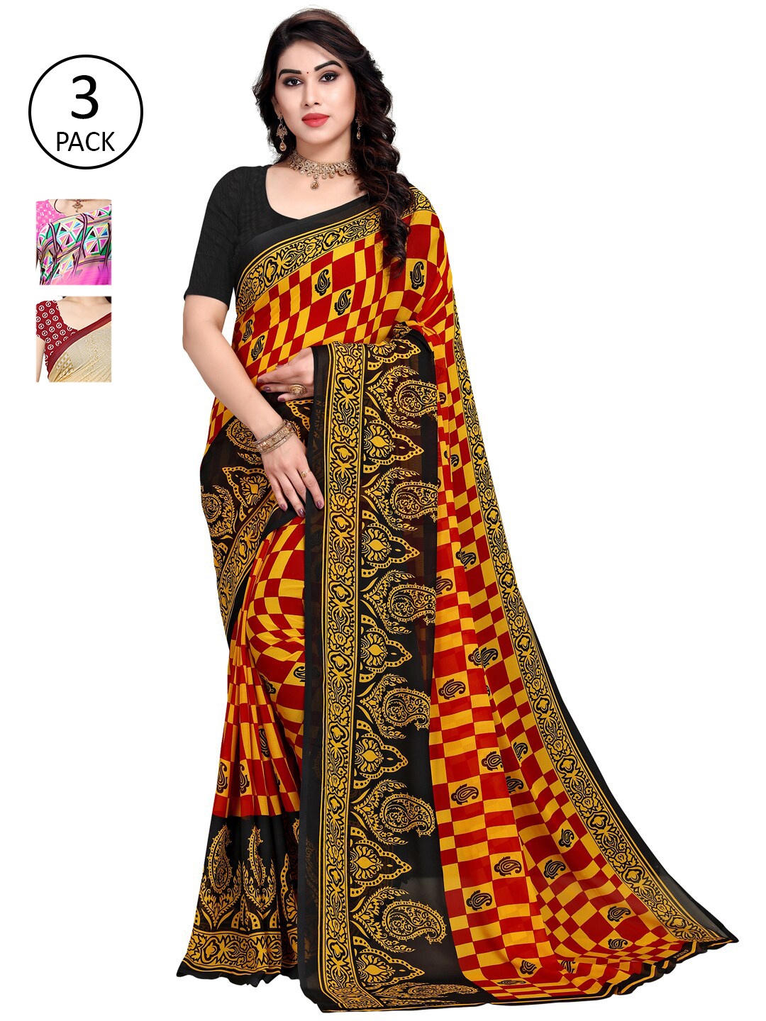 

KALINI Women Pack of 3 Poly Georgette Sarees, Yellow