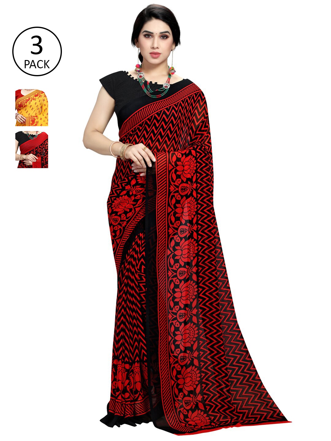 

KALINI Pack of 3 Poly Georgette Sarees, Black