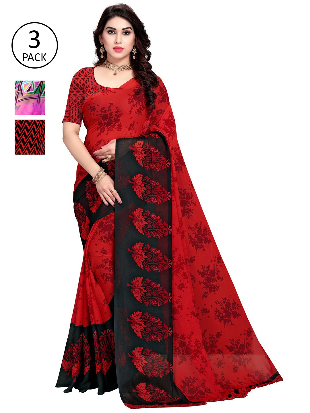

KALINI Pink & Red Pack of 3 Saree