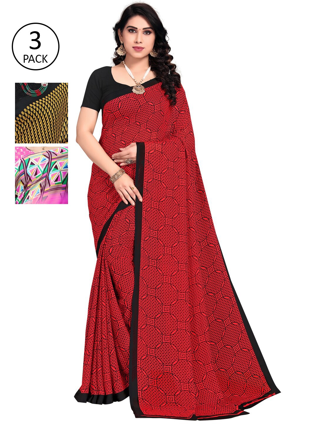 

KALINI Pack of 3 Printed Poly Georgette Saree, Red