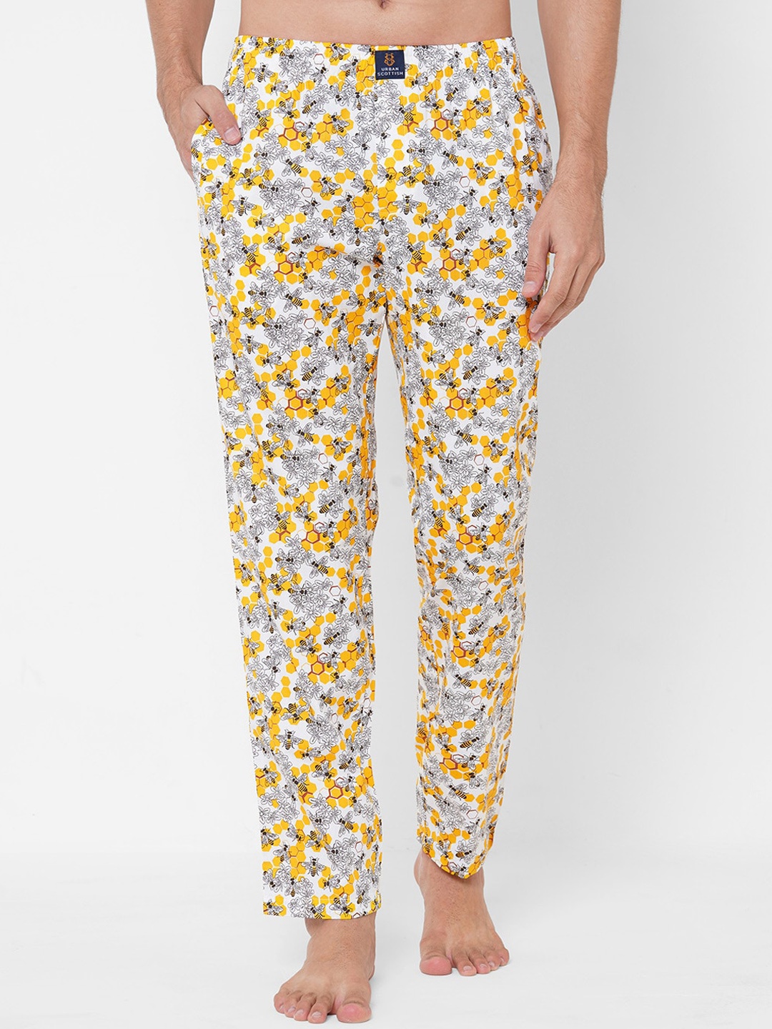 

URBAN SCOTTISH Men Yellow & White Printed Pure Cotton Lounge Pants