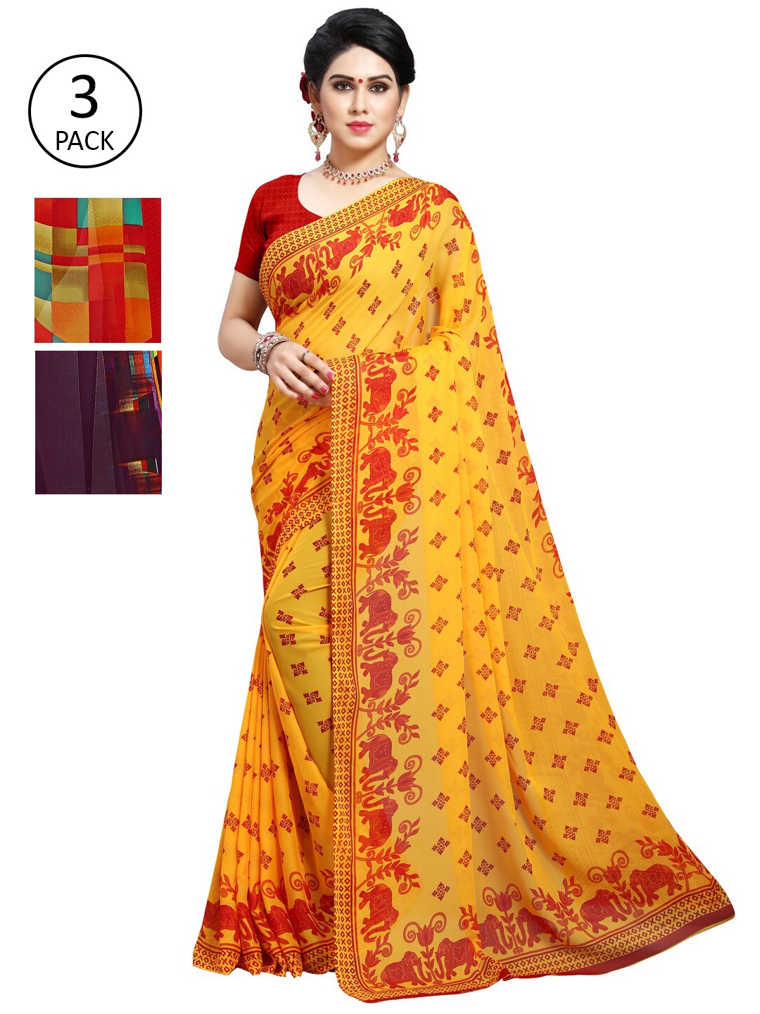 

KALINI Pack Of 3 Red & Purple Saree