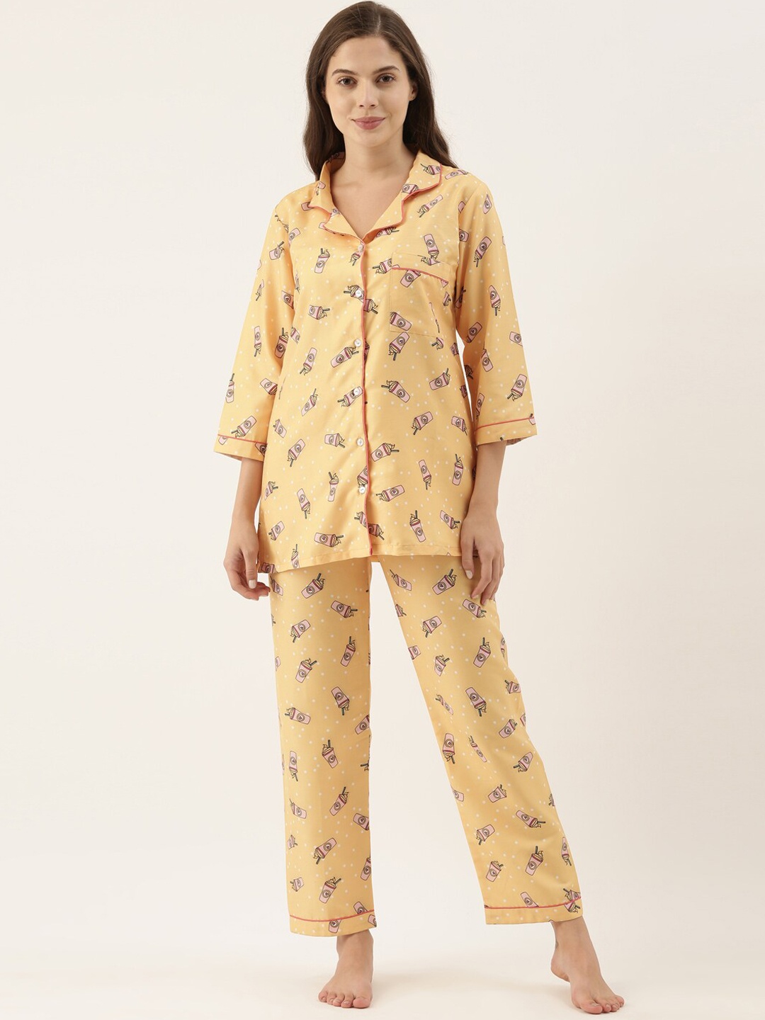 

Bannos Swagger Women Yellow & Pink Printed Night Suit