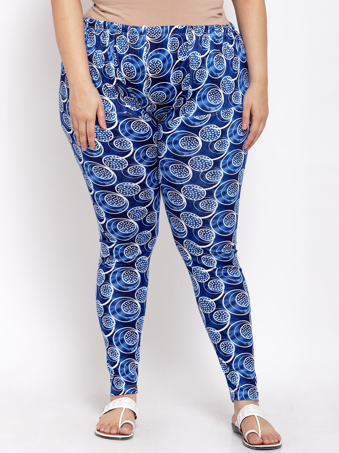 

KLOTTHE Women Blue & White Printed Plus Size Ankle-Length Leggings