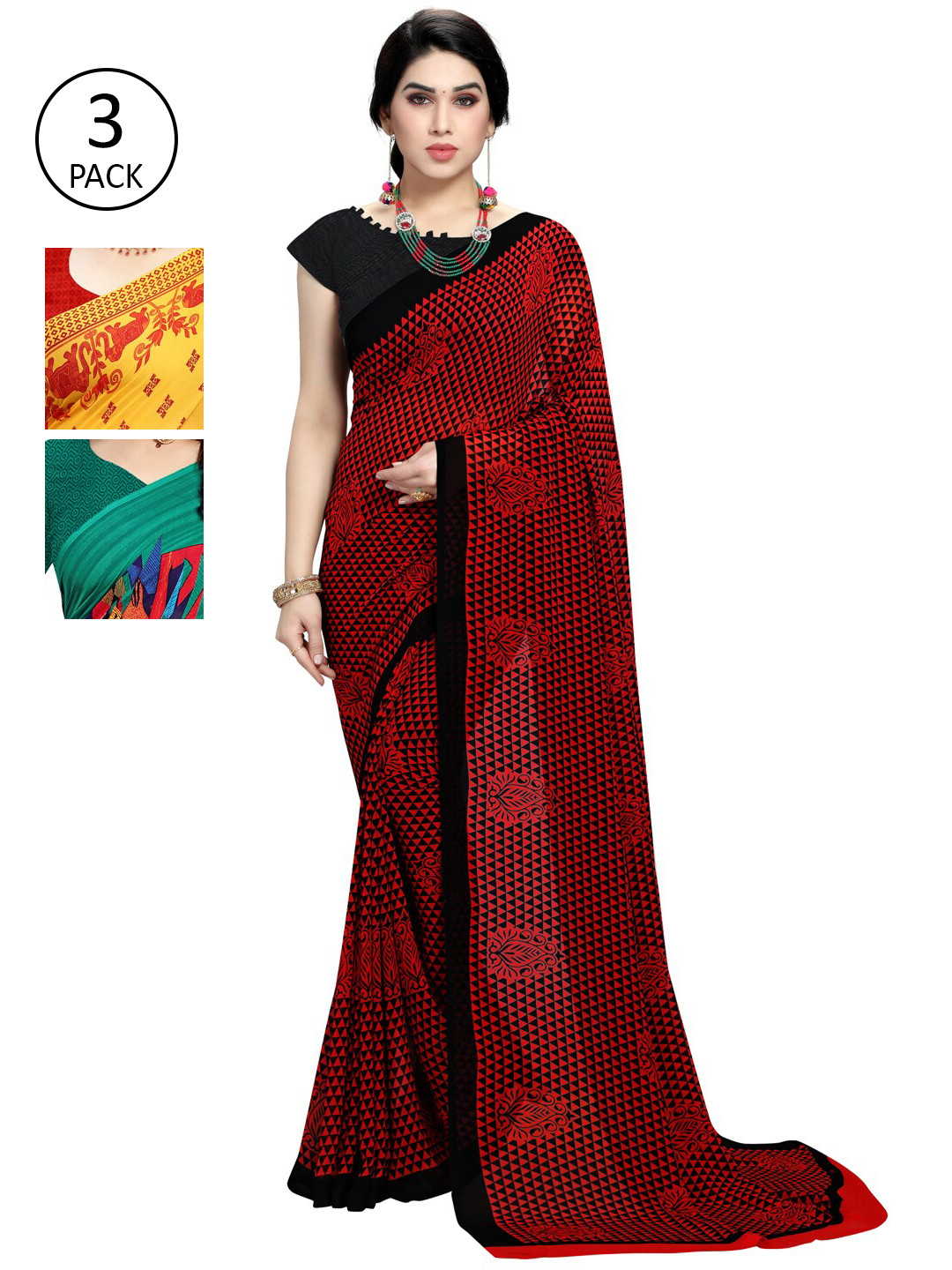 

KALINI Pack Of 3 Poly Georgette Printed Sarees, Yellow