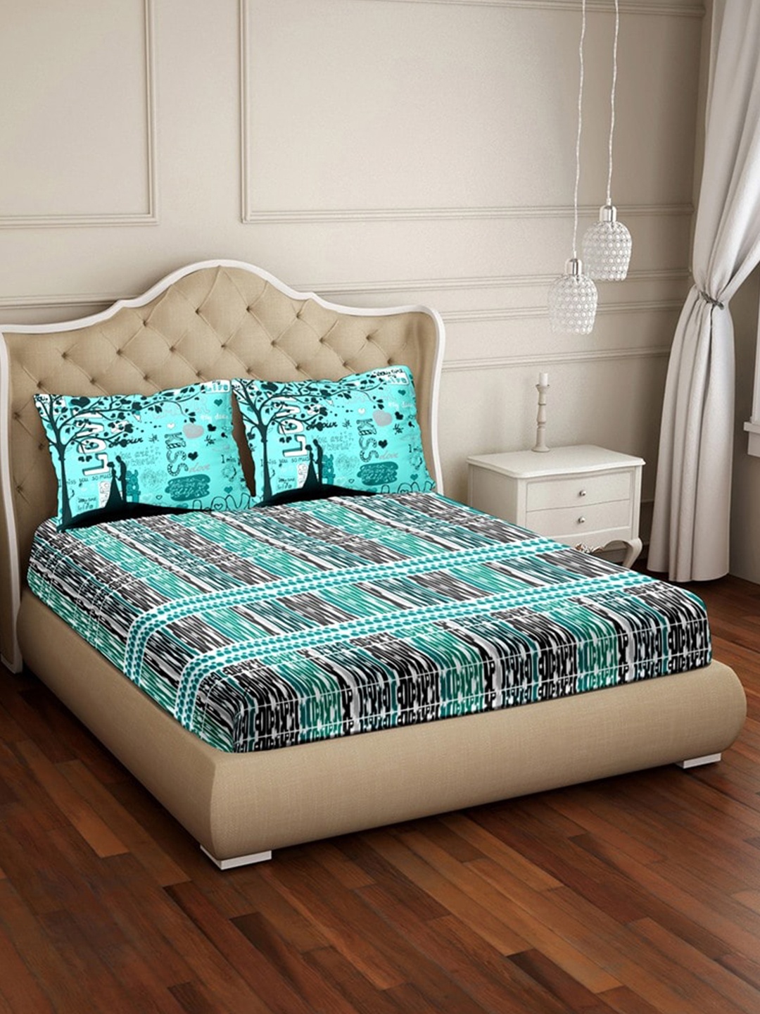 

BELLA CASA White & Blue Geometric 250 TC Cotton King Bedsheet with 2 Pillow Covers