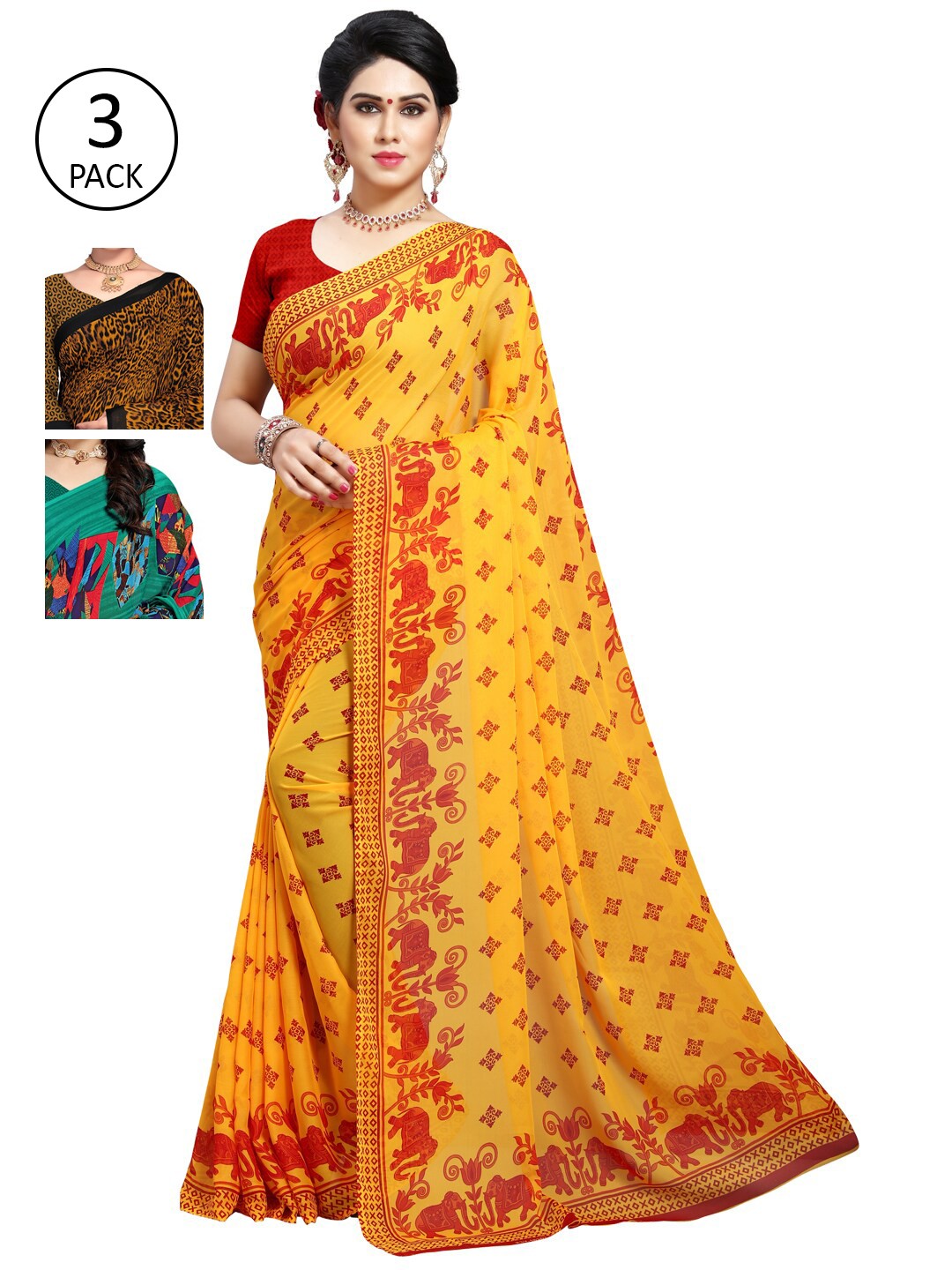 

KALINI Pack Of 3 Poly Georgette Printed Sarees, Yellow