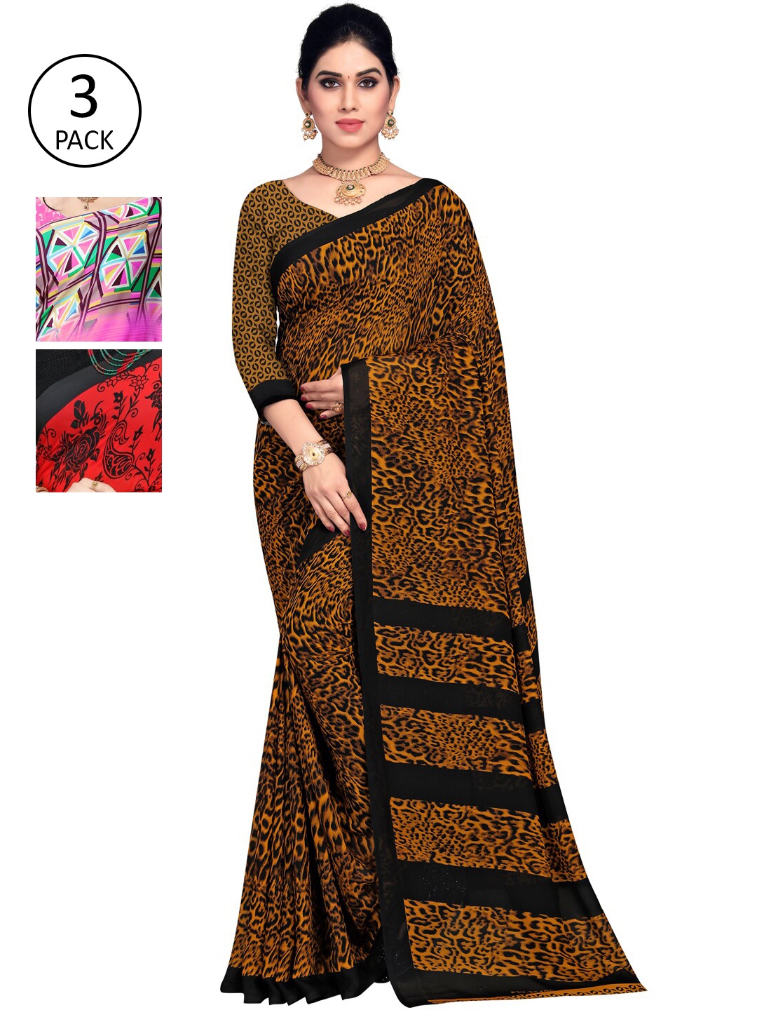 

KALINI Pack of 3 Printed Poly Georgette Saree, Multi