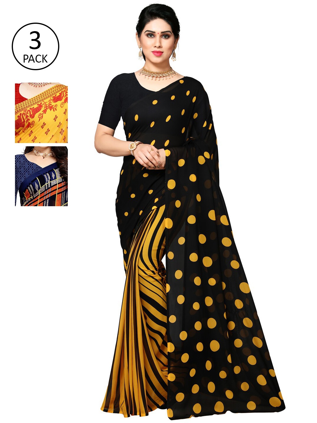 

KALINI Pack of 3 Printed Poly Georgette Saree, Navy blue