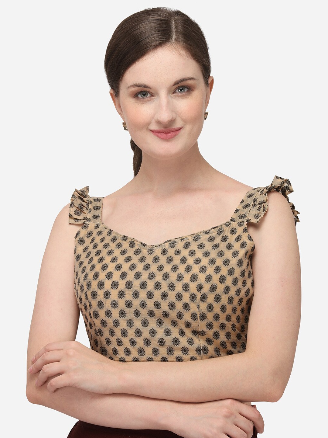 

Nanda Silk Mills Women Beige & Black Printed Silk Stitched Saree Blouse