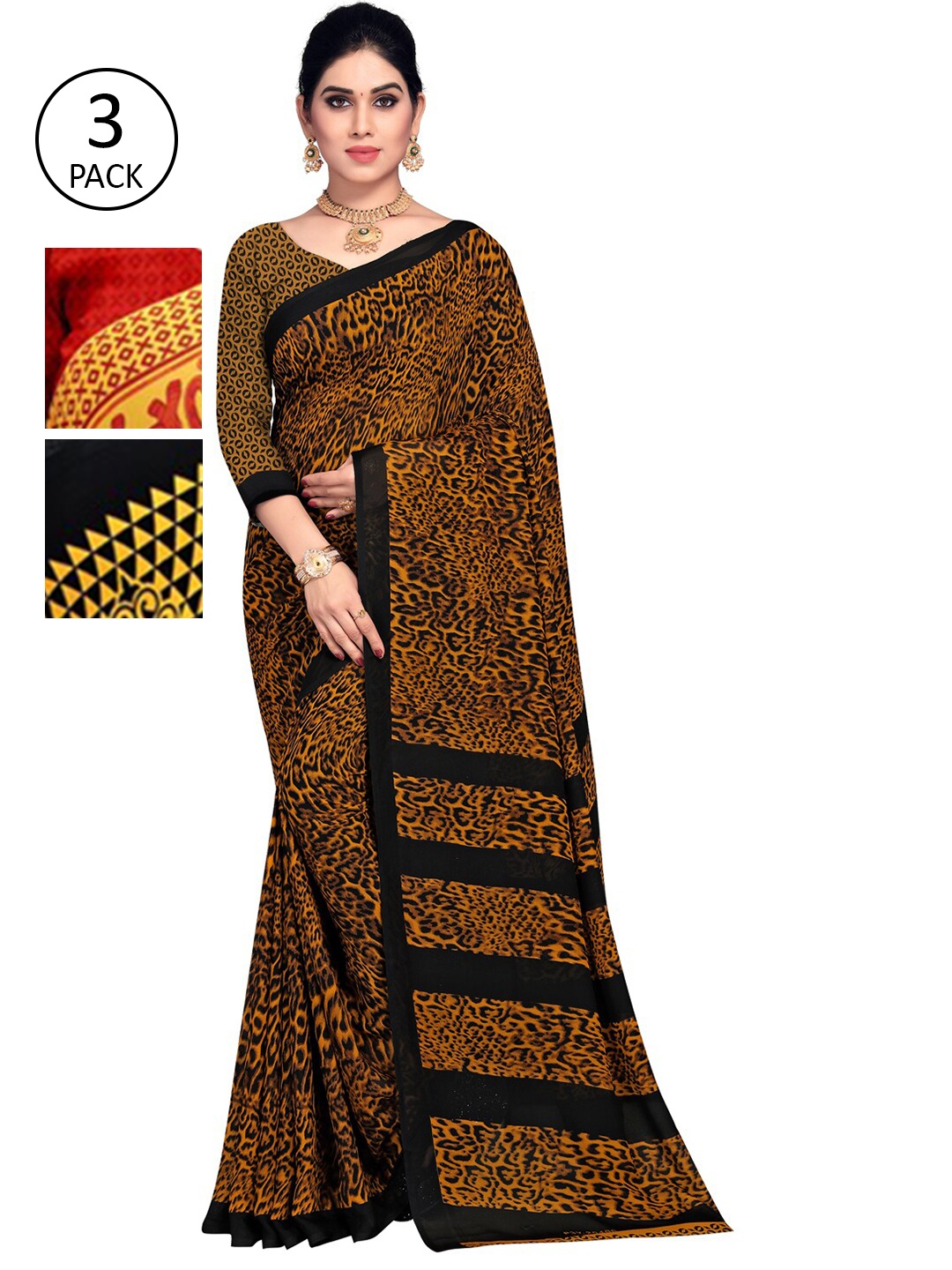 

ANAND SAREES Pack of 3 Printed Saree, Yellow