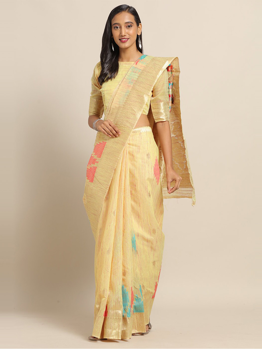 

Saree mall Yellow & Pink Linen Blend Sarees