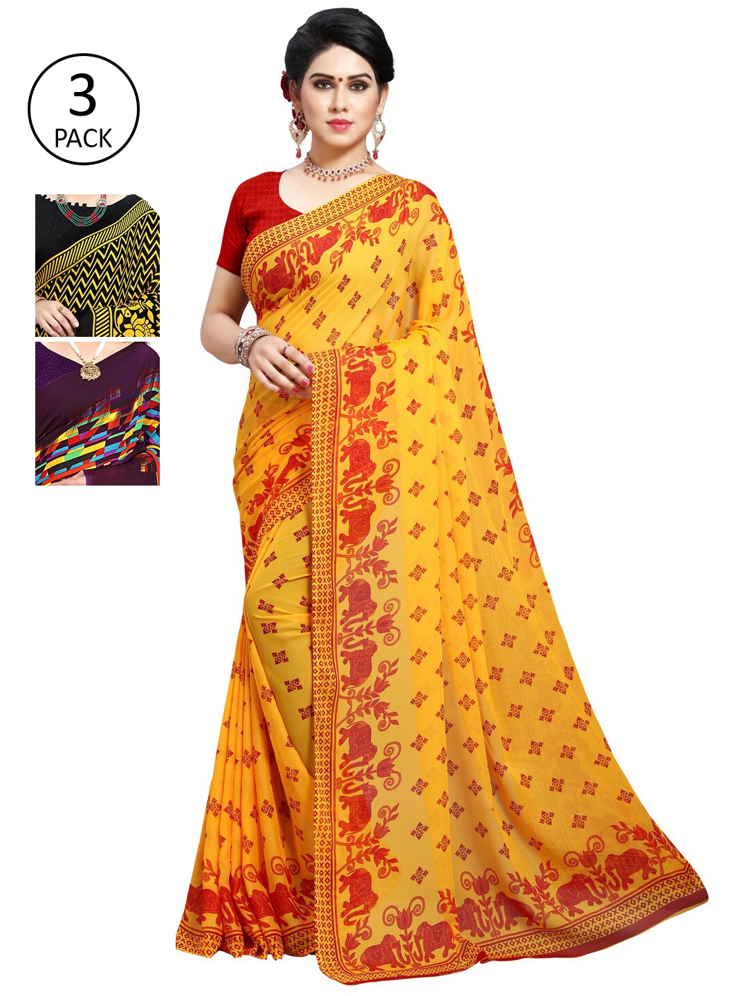 

KALINI Pack of 3 Printed Poly Georgette Saree, Multi