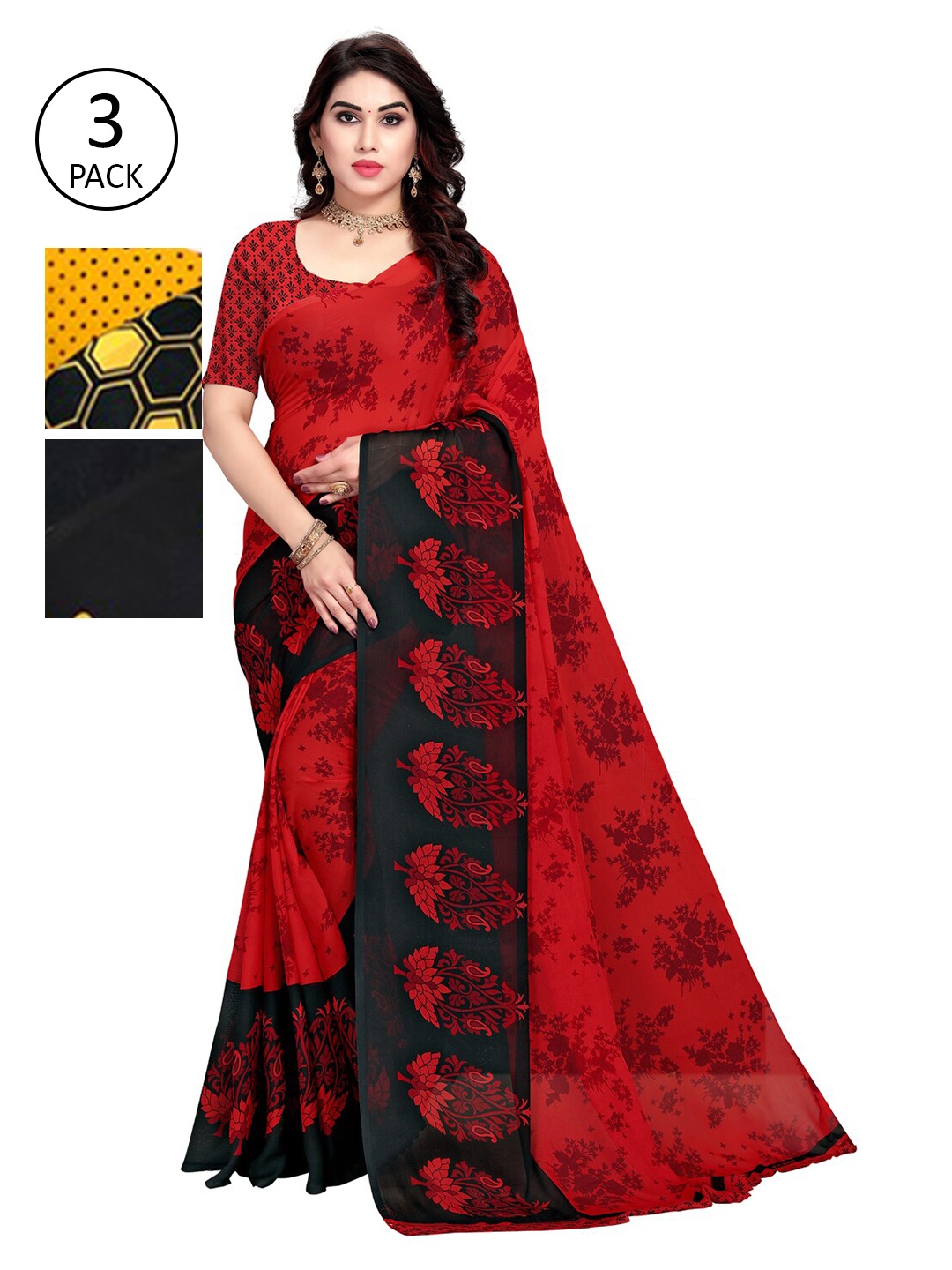 

KALINI Pack Of 3 Ethnic Motifs Sarees, Red