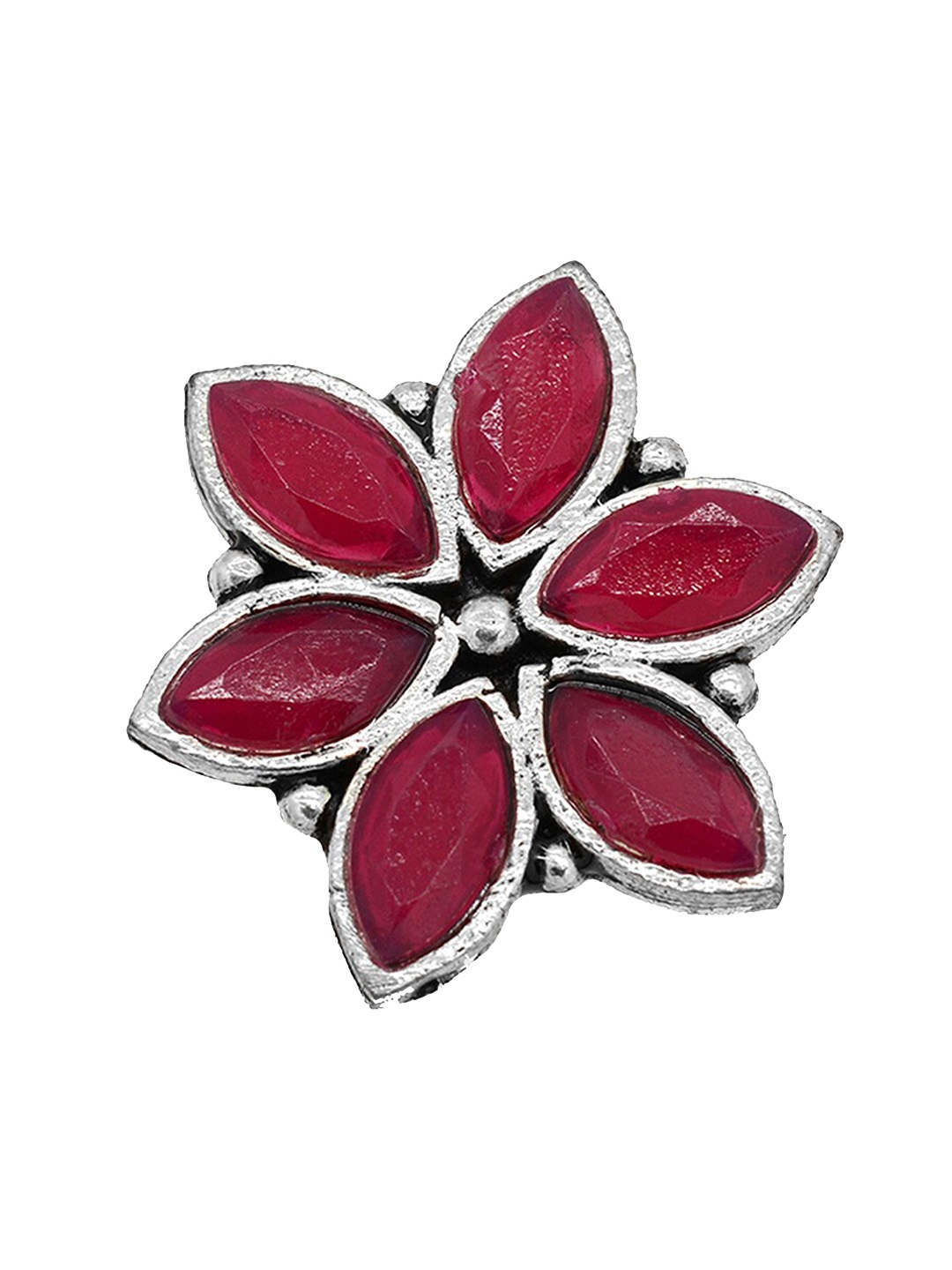 

TEEJH Oxidised Silver-Toned & Red Adjustable Floral Finger Ring