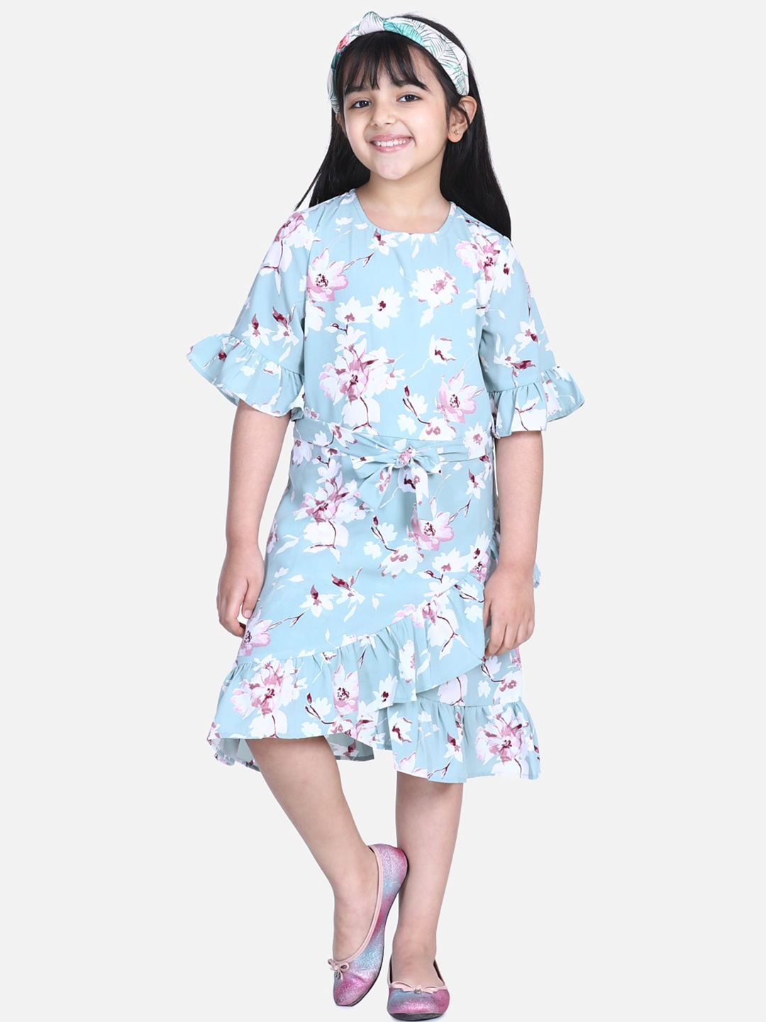 

StyleStone Turquoise Blue Floral Crepe A-Line Midi Dress