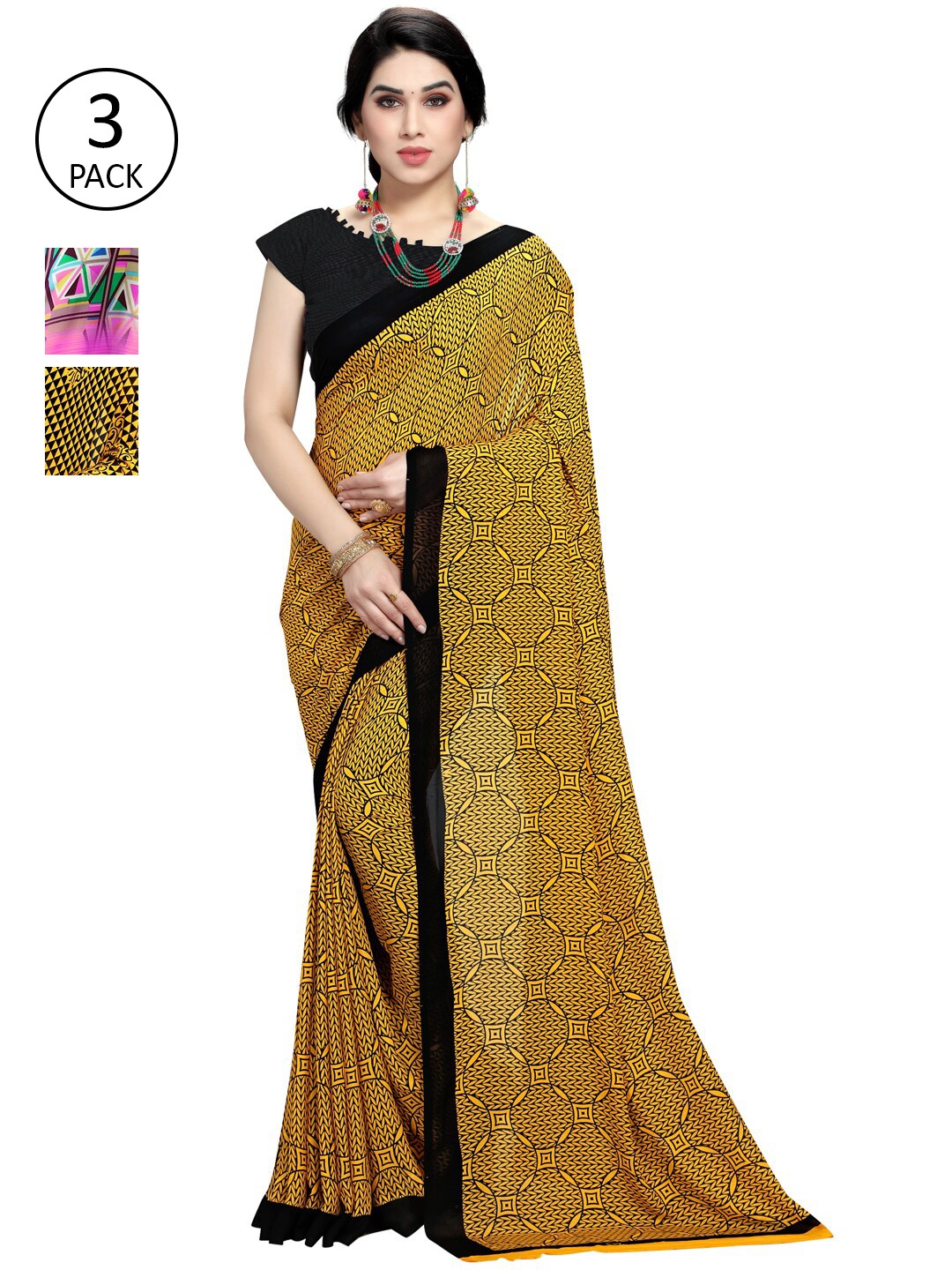 

KALINI Pack Of 3 Yellow & Pink Saree