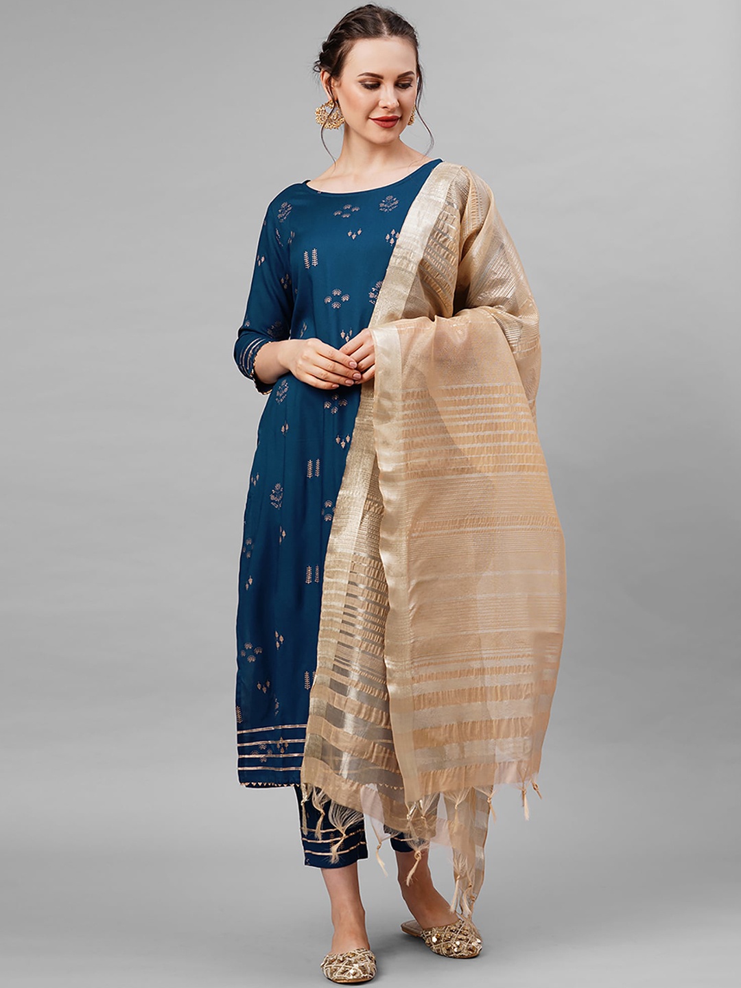 

Indo Era Women Blue Ethnic Motifs Printed Gotta Patti Kurta With Trousers & Dupatta