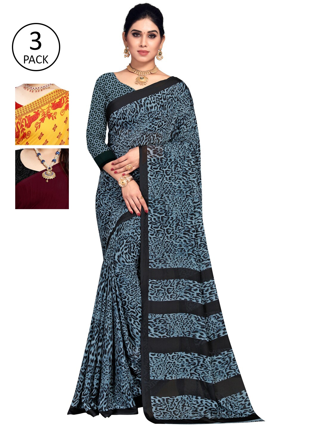 ANAND SAREES Pack of 3 Poly Georgette Sarees, Yellow