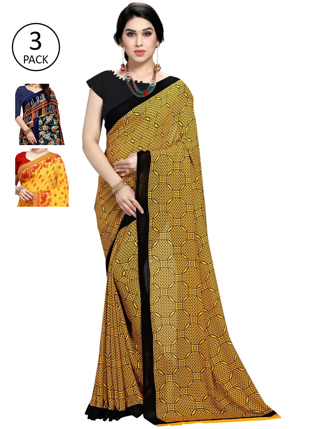 

KALINI Pack of 3 Printed Poly Georgette Saree, Multi