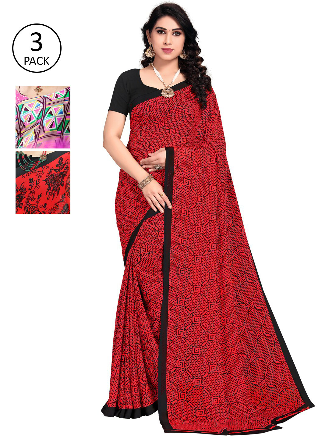 

KALINI Pack of 3 Printed Poly Georgette Saree, Pink