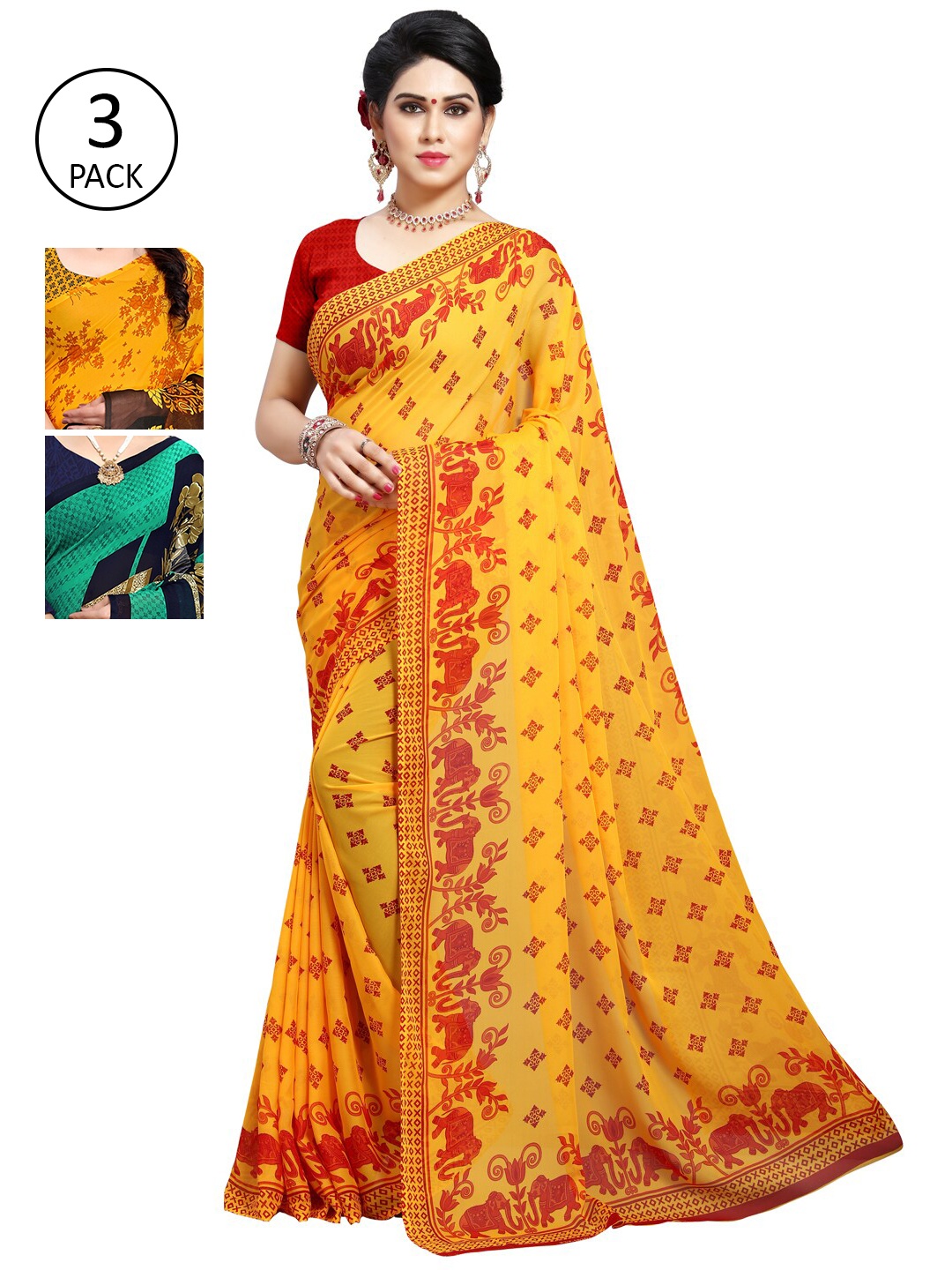 

KALINI Pack of 3 Printed Poly Georgette Saree, Multi