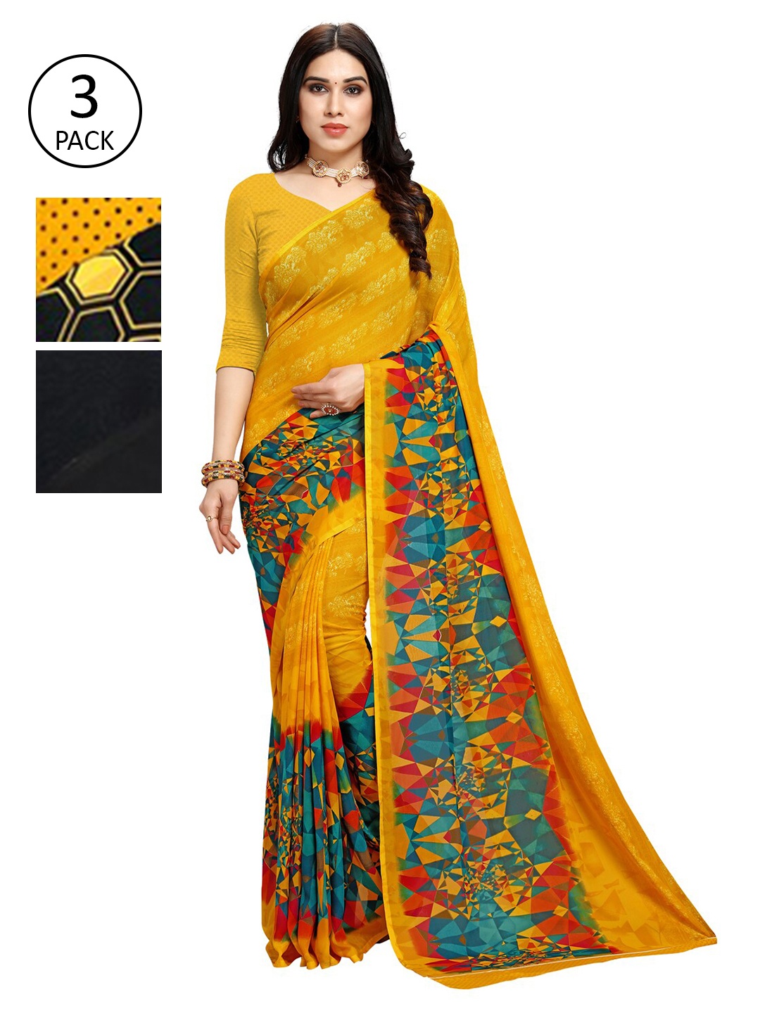 

KALINI Pack Of 3 Ethnic Motifs Sarees, Yellow