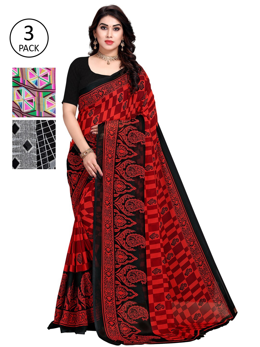 

KALINI Pack Of 3 Poly Georgette Printed Sarees, Pink
