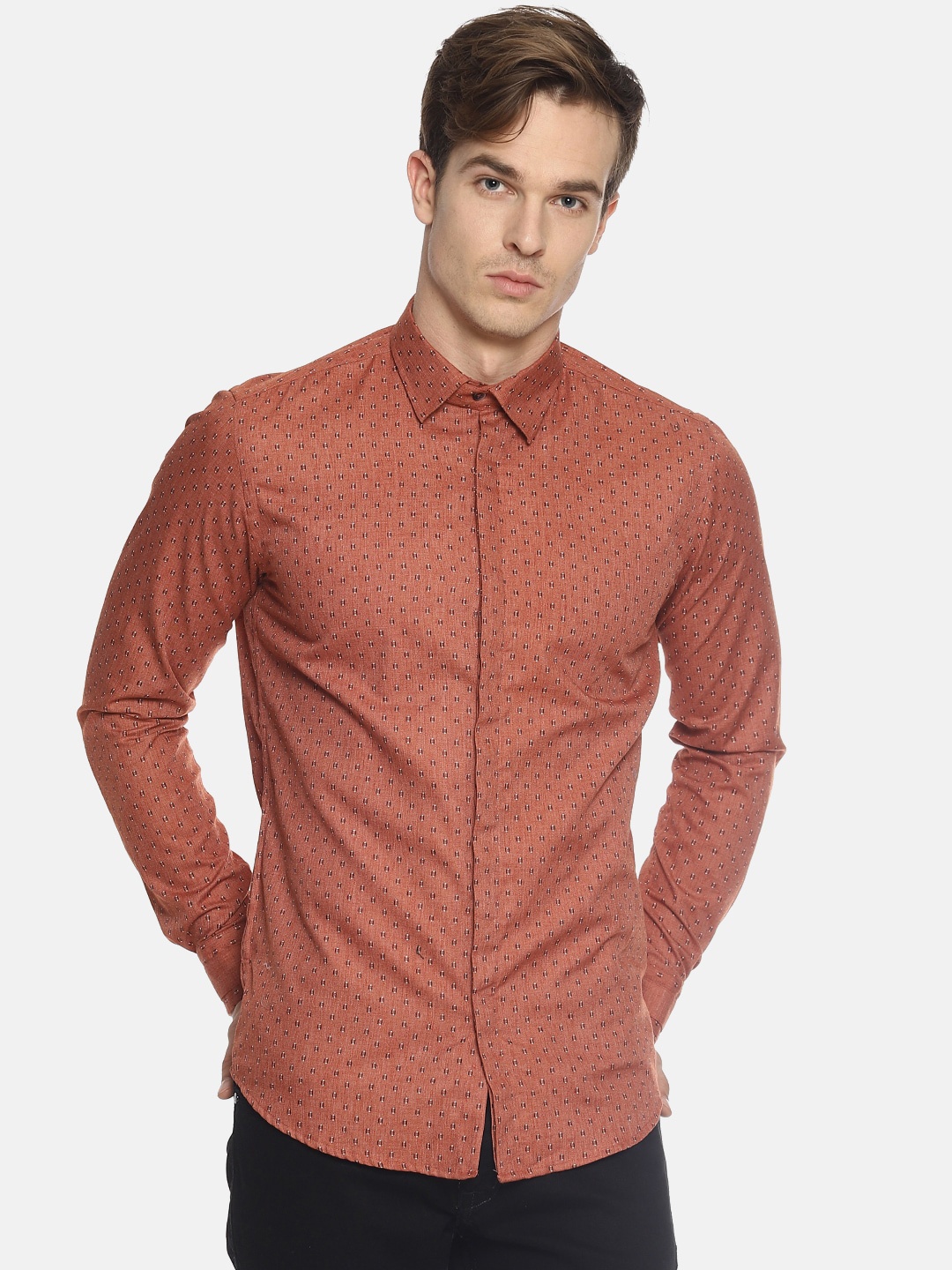 

COUPER & COLL Men Orange Slim Fit Printed Casual Shirt