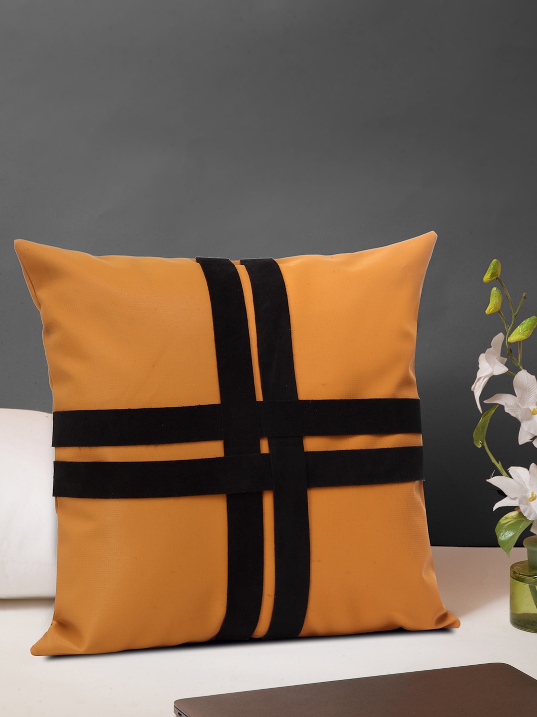 

IMUR Mustard Yellow & Black Geometric Leather Square Cushion Covers