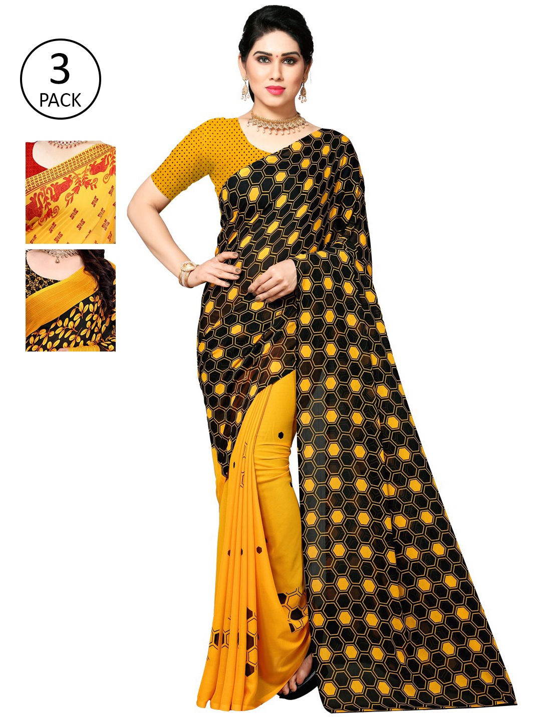

KALINI Pack Of 3 Yellow & Red Floral Saree