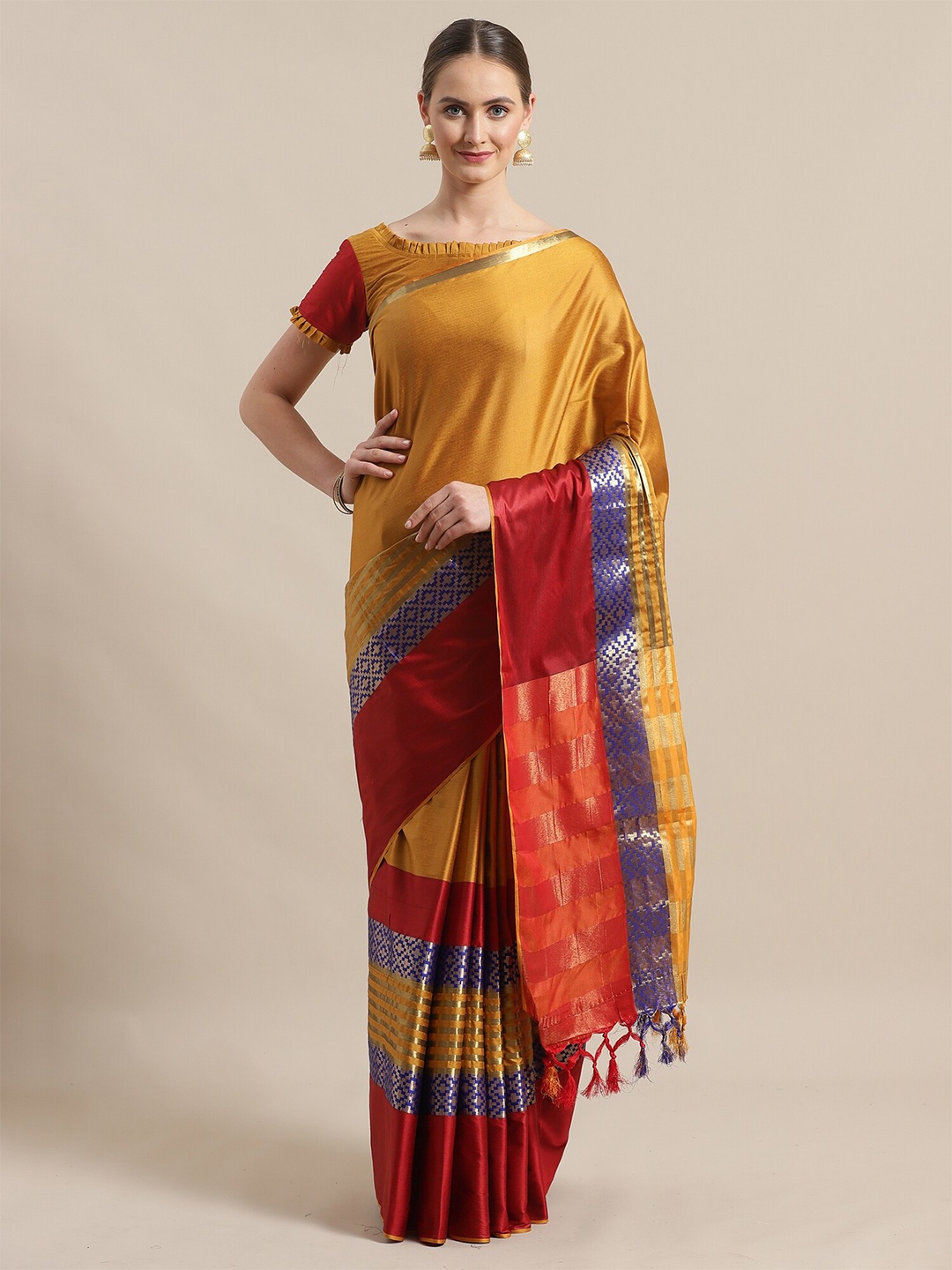 

Saree mall Mustard Yellow & Maroon Ethnic Motifs Silk Blend Sarees