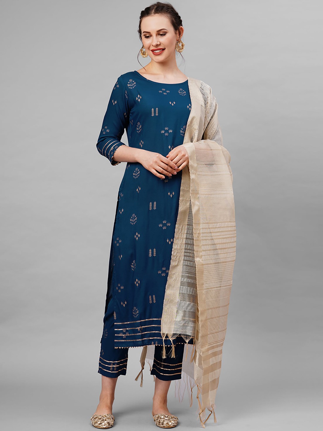 

Indo Era Women Blue Ethnic Motifs Embroidered Kurti with Trousers & With Dupatta