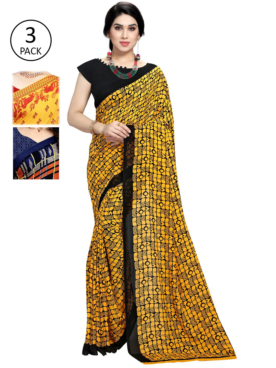 

KALINI Pack Of 3 Floral Sarees, Yellow