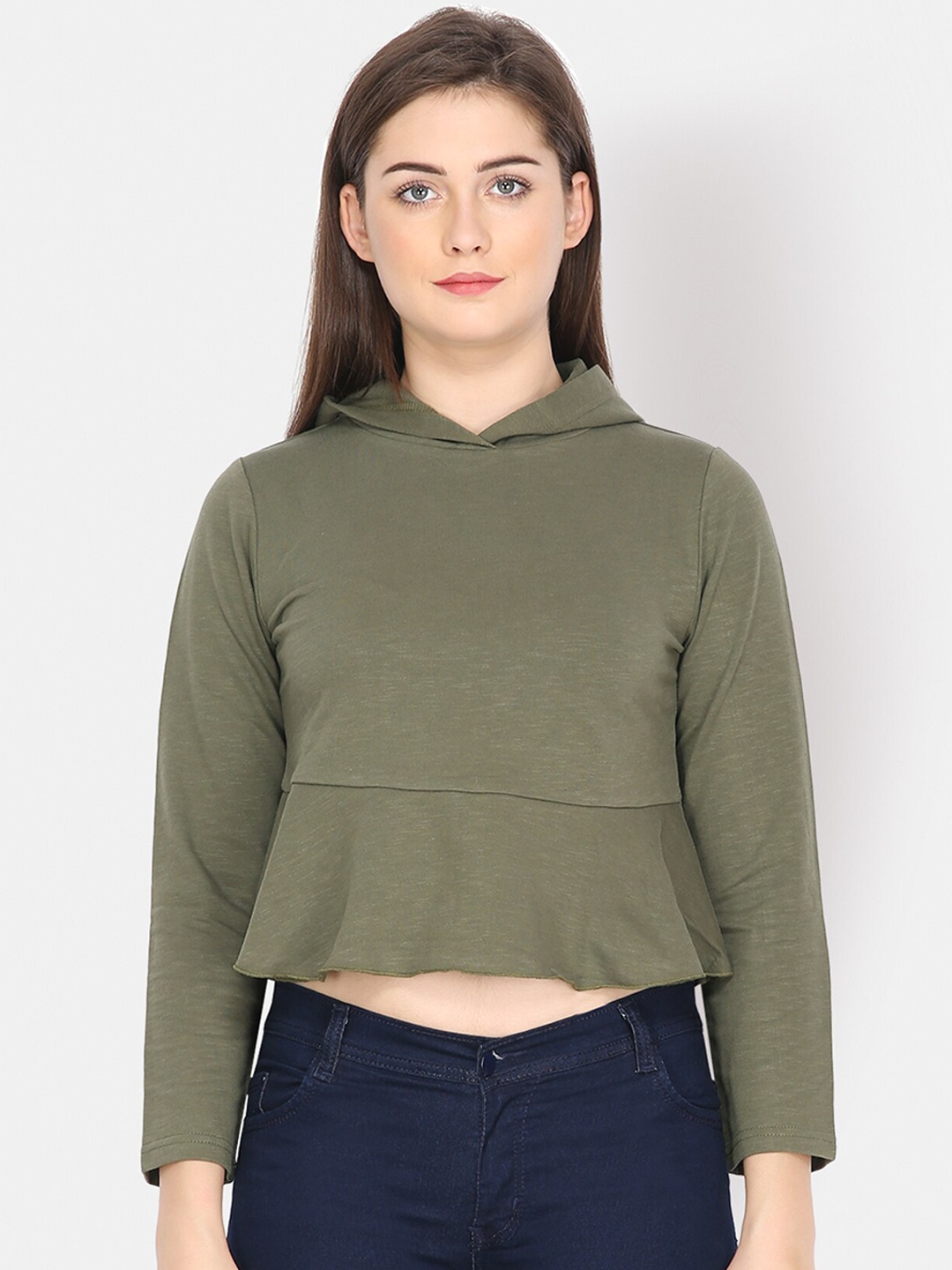

Yaadleen Women Olive Green Hooded Crop Ruffled Pullover Sweatshirt