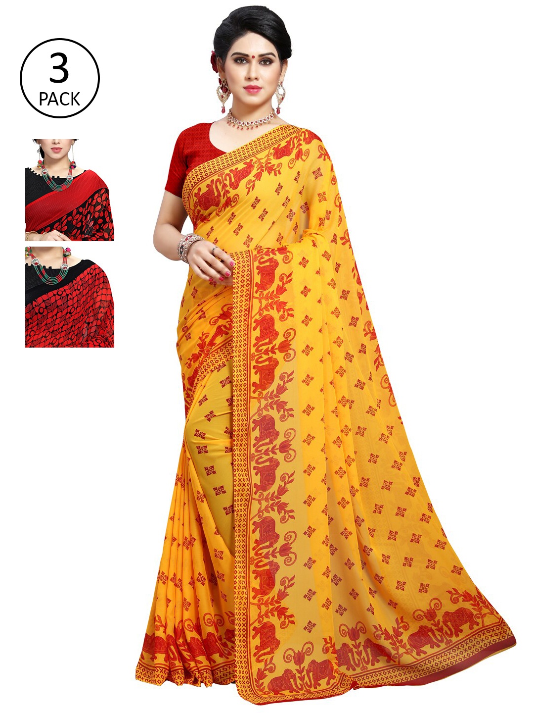 

KALINI Pack Of 3 Yellow & Red Ethnic Motifs Saree