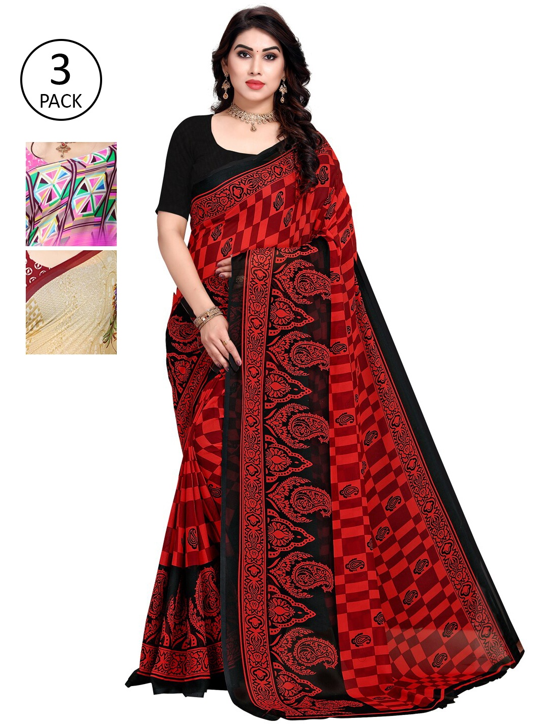 

KALINI Pack Of 3 Ethnic Motifs Sarees, Pink