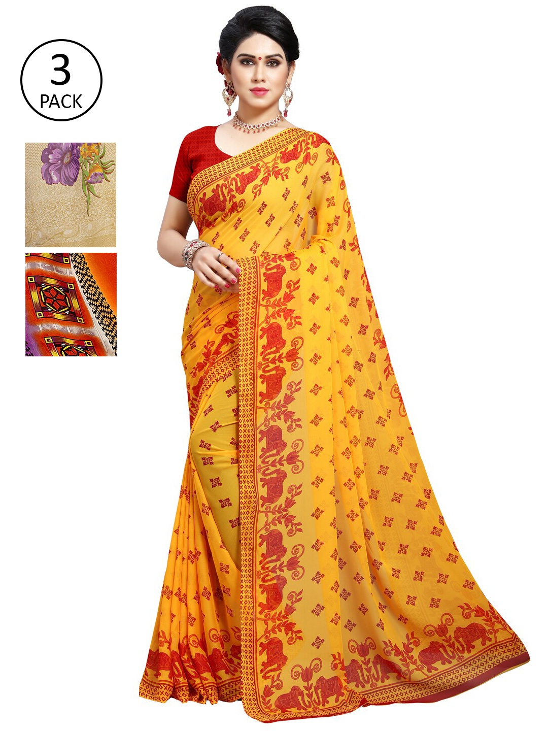 

KALINI Yellow & Beige Floral Pack of 3 Saree