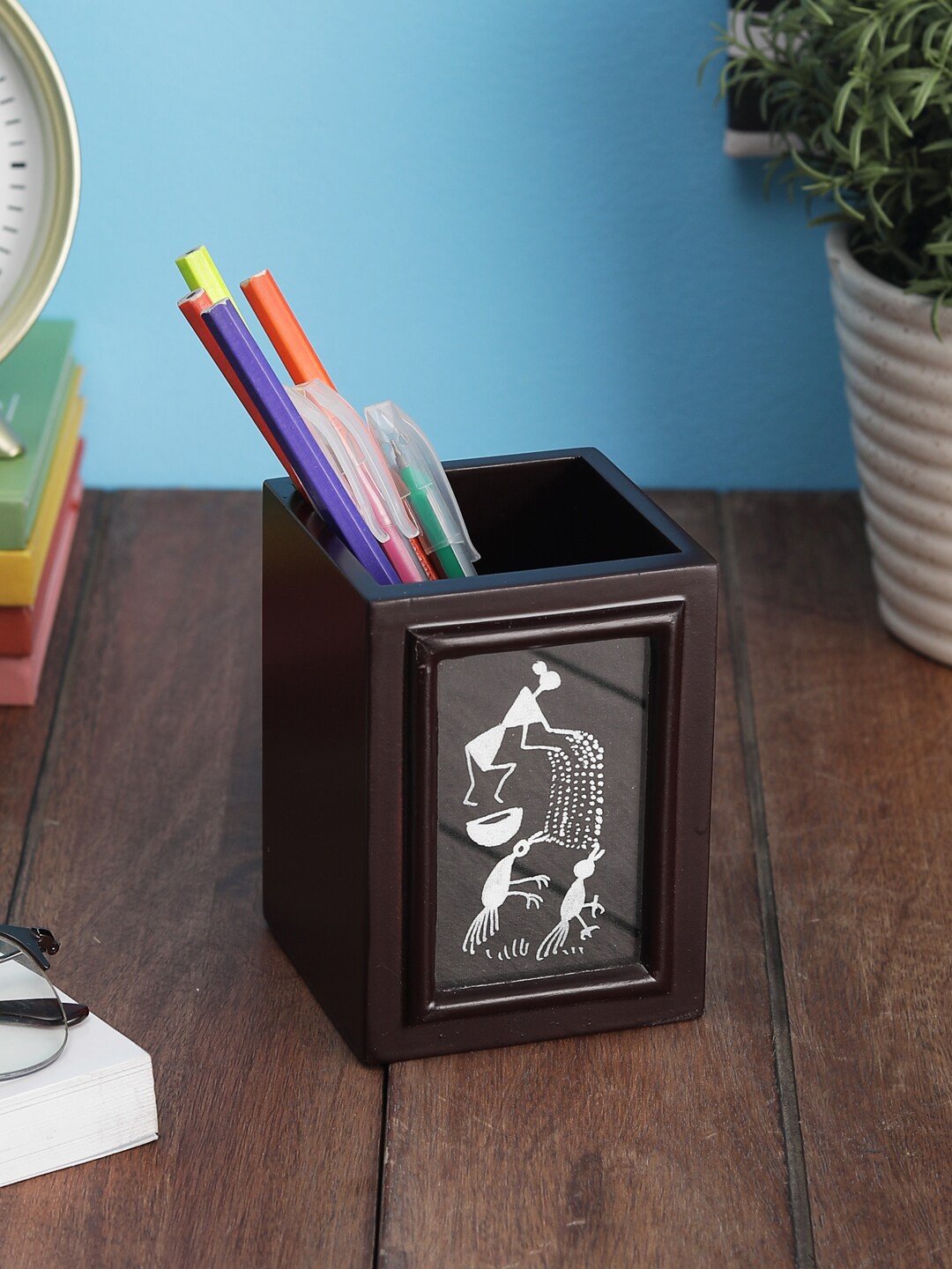

VarEesha Brown & Black Warli Hand Painted Tribal Wooden Desk Organizer