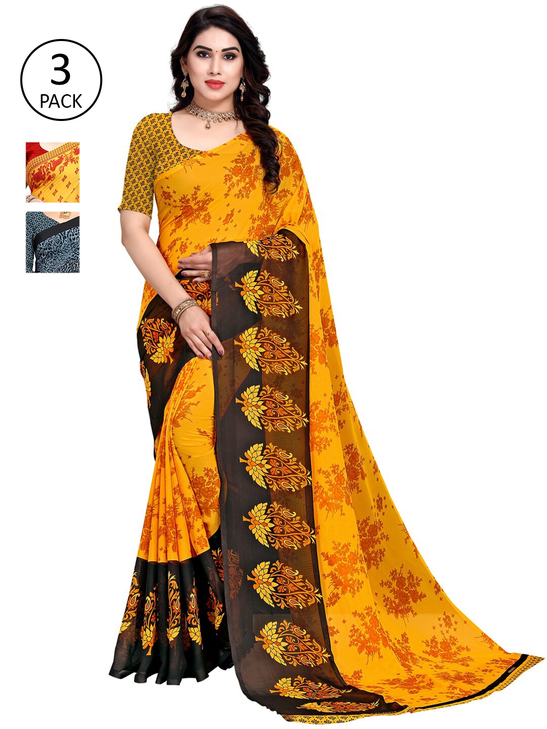 

KALINI Yellow Red & Black Printed Saree With Blouse Pieces Pack of 3