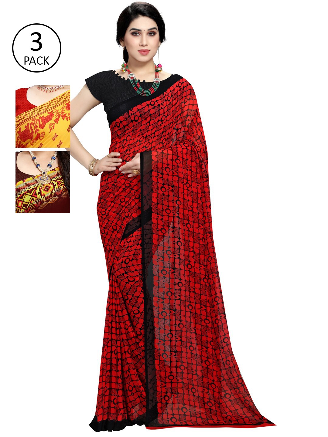 

KALINI Pack Of 3 Yellow & Red Poly Georgette Saree