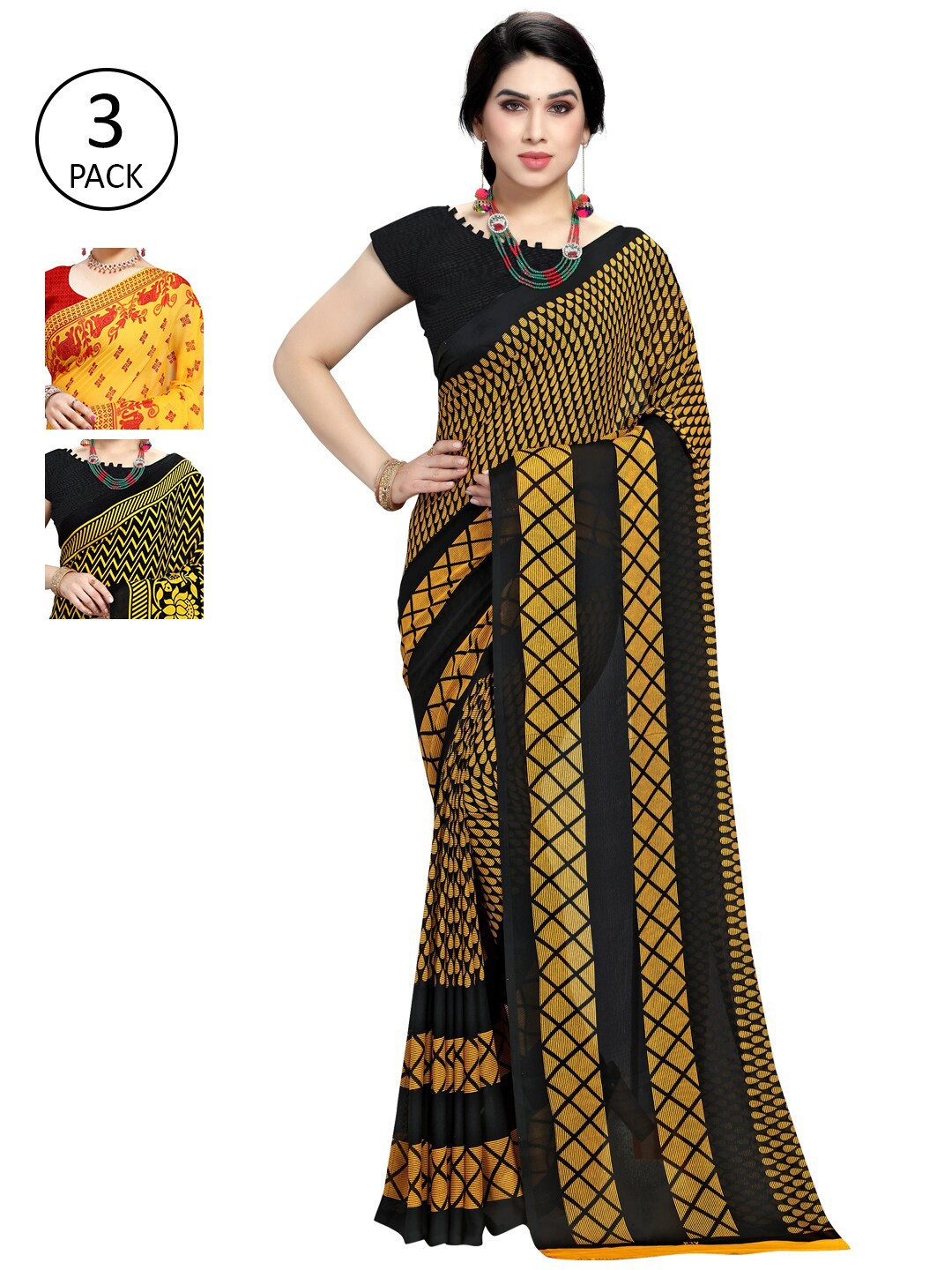 

KALINI Pack Of 3 Poly Georgette Printed Sarees, Yellow