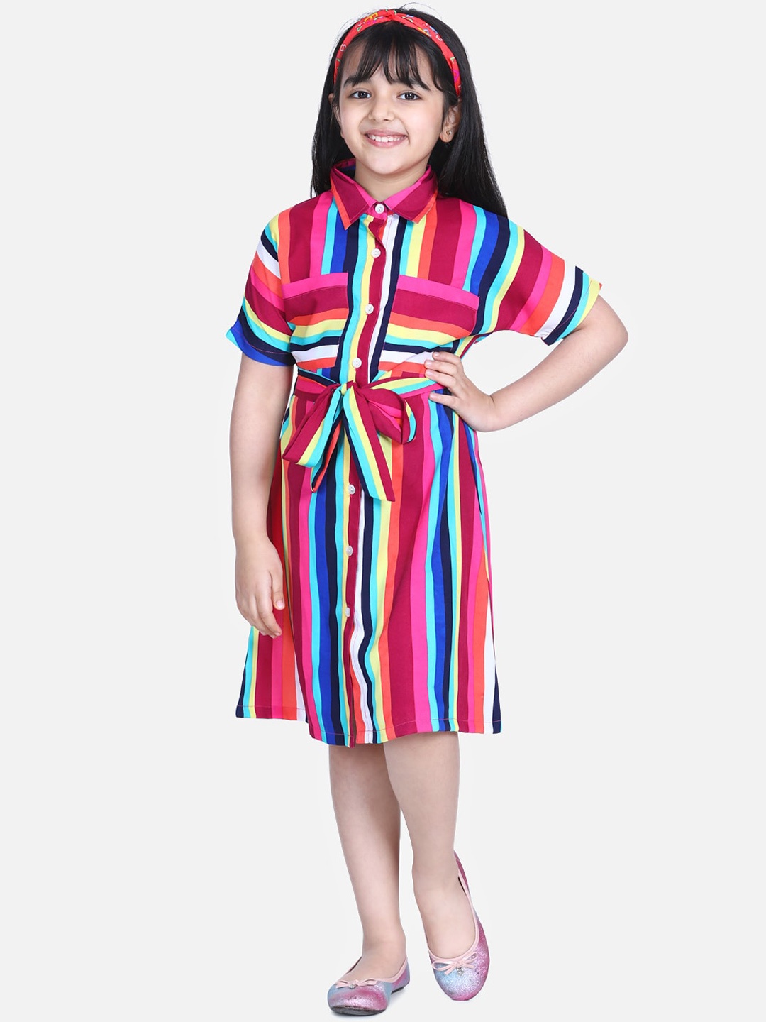 

StyleStone Girls Multicoloured Candy Striped Crepe Shirt Dress, Multi