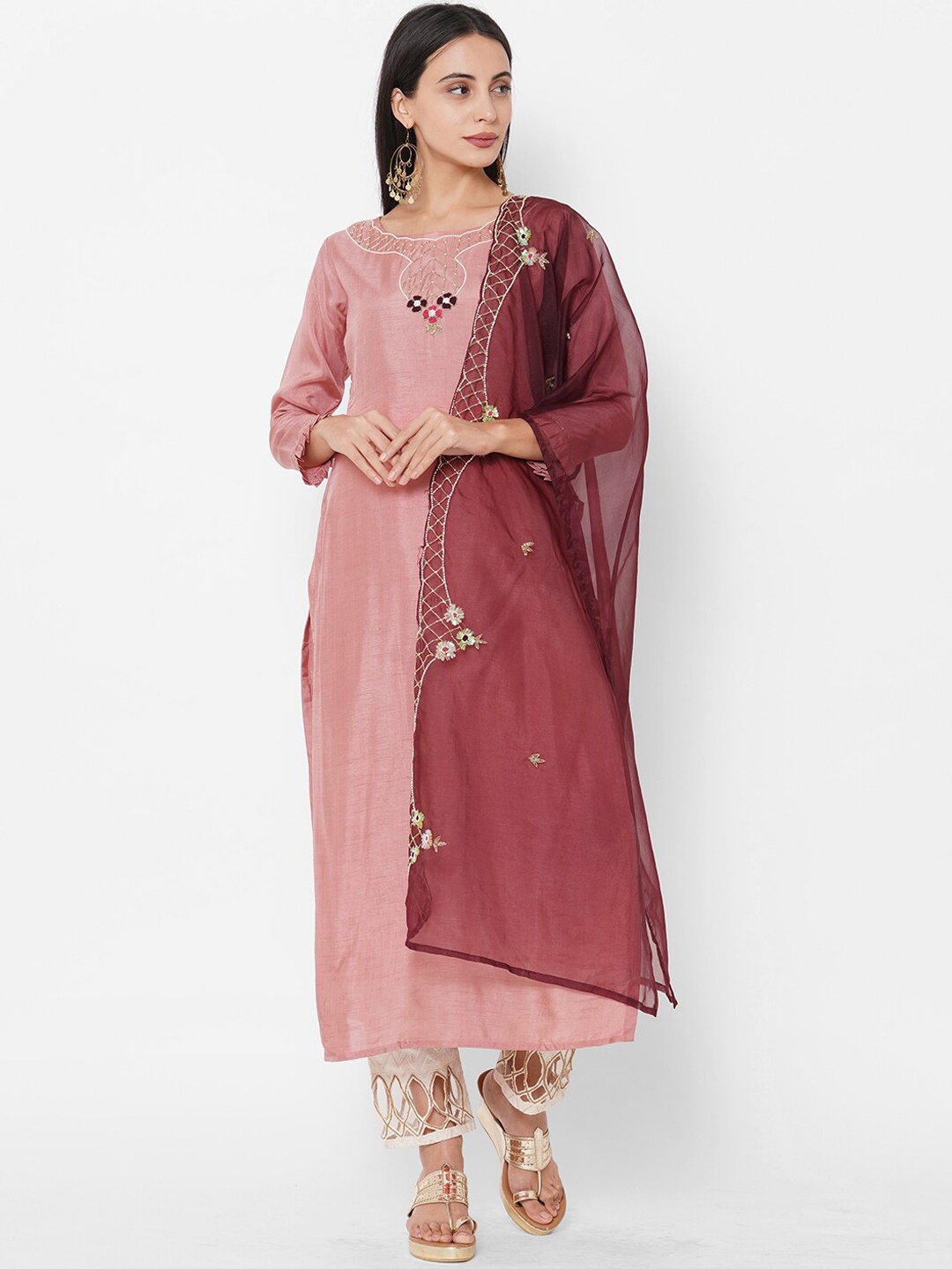 

FASHOR Women Pink Ethnic Embellished Silk A-line Kurta With Dupatta