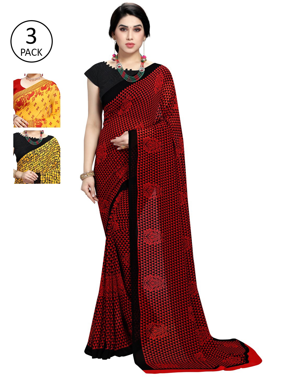

KALINI Pack of 3 Ethnic Motifs Poly Georgette Saree, Yellow